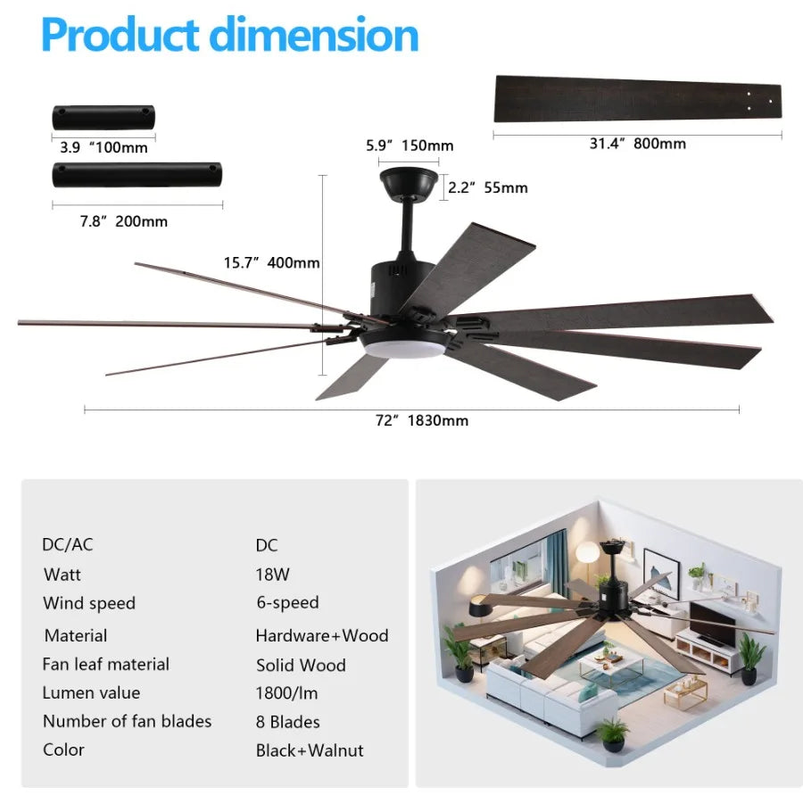 Walnut LED Ceiling Fan Light with 8 Wooden Blades Remote Control