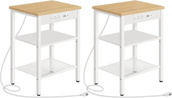 End Table with 3-Tier Nightstand with Adjustable Shelves, Charging Station