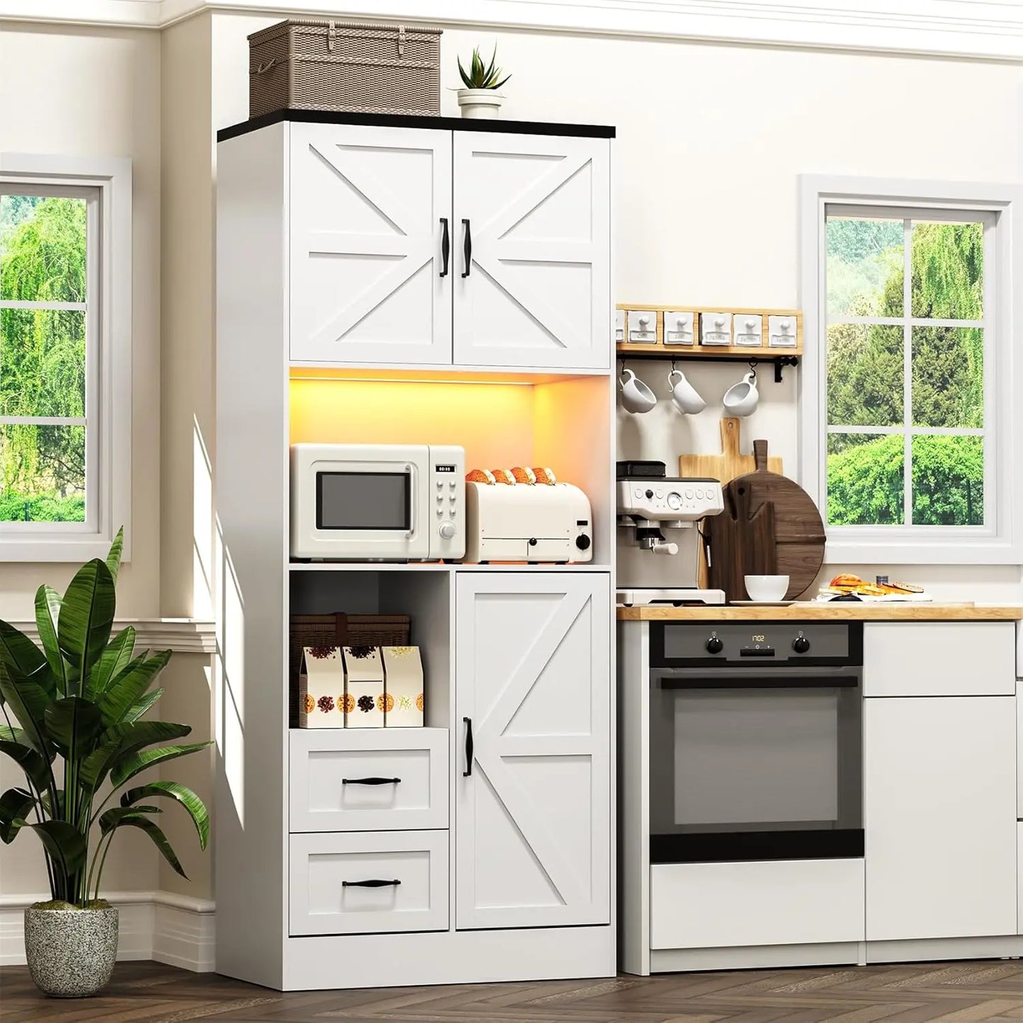 Tall Farmhouse Kitchen Pantry with Barn Doors and Drawers