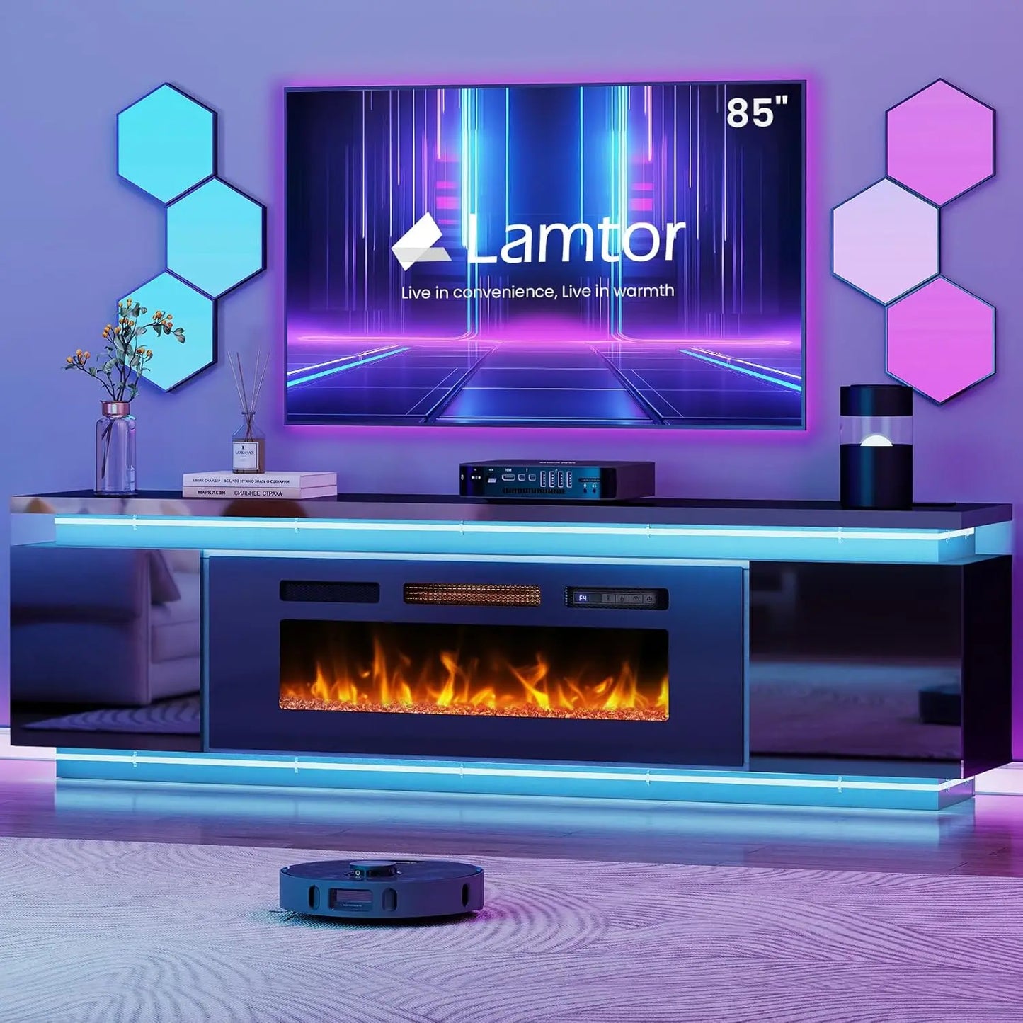 Fireplace TV-Stand with 40" Fireplace - 2 LED Light TV-Stand for 85 inch TVs