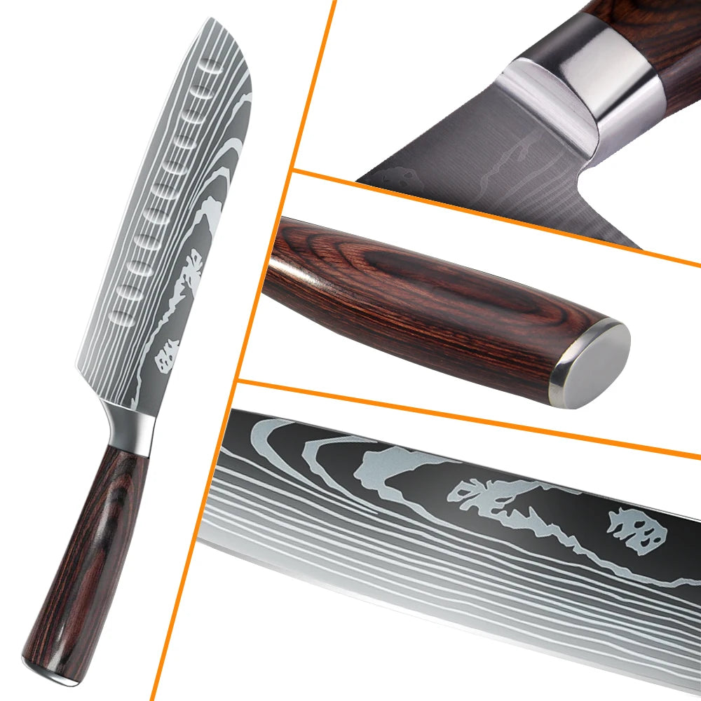 8/10pcs Gift Japanese Kitchen Knives Set Laser Damascus Pattern Chef Knife High Carbon Stainless Steel Sharp Fruit Slicing Knife