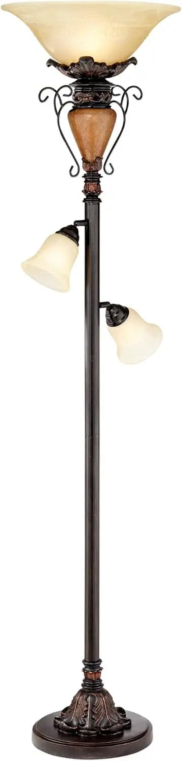 Tall Antique Bronze Alabaster Traditional Torchiere Floor Lamp