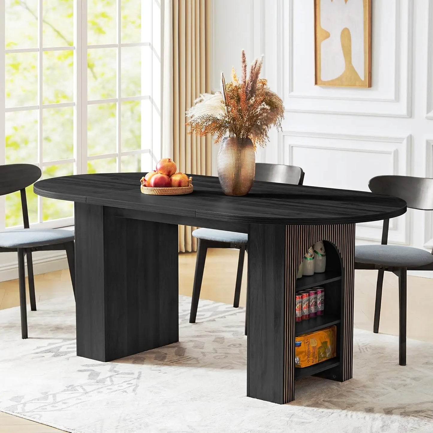 Modern Oval Kitchen Table with Wood Strip Base