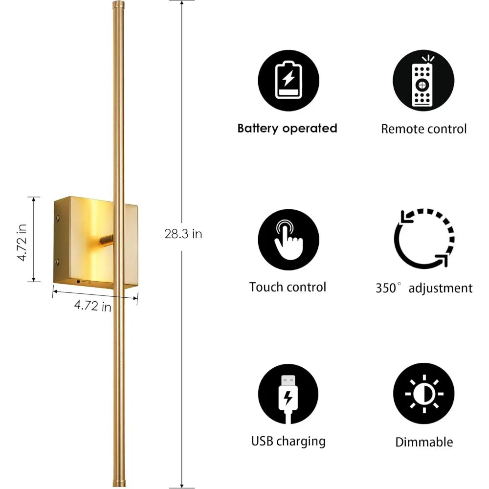Battery Operated Wall Sconces with Remote Control, Dimmable Wall Sconces Set of Two, 3000K LED Gold Wireless Wall Light