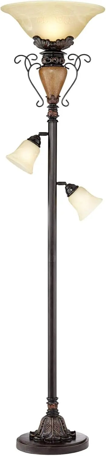 Tall Antique Bronze Alabaster Traditional Torchiere Floor Lamp