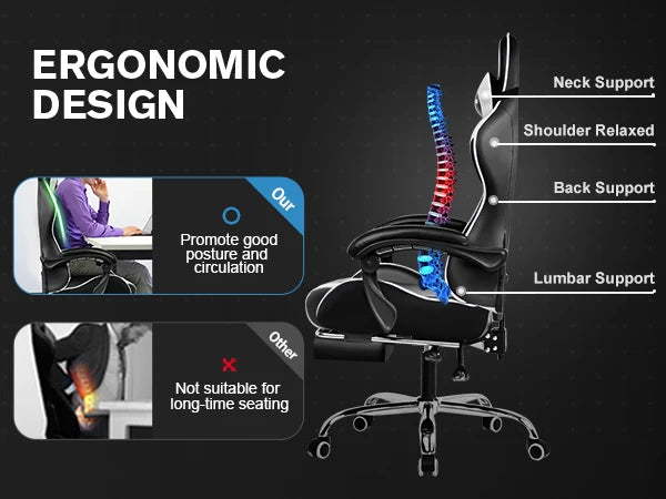 Gaming Chair with Footrest, Lumbar Support, Adjustable Height