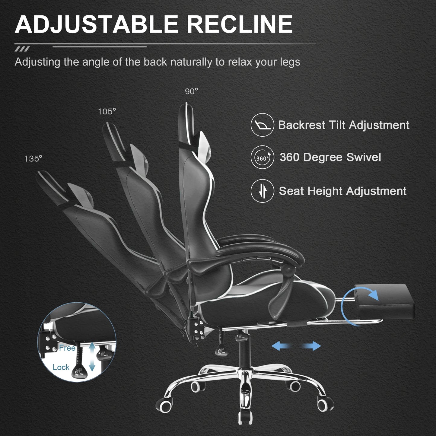 Gaming Chair with Footrest, Lumbar Support, Adjustable Height