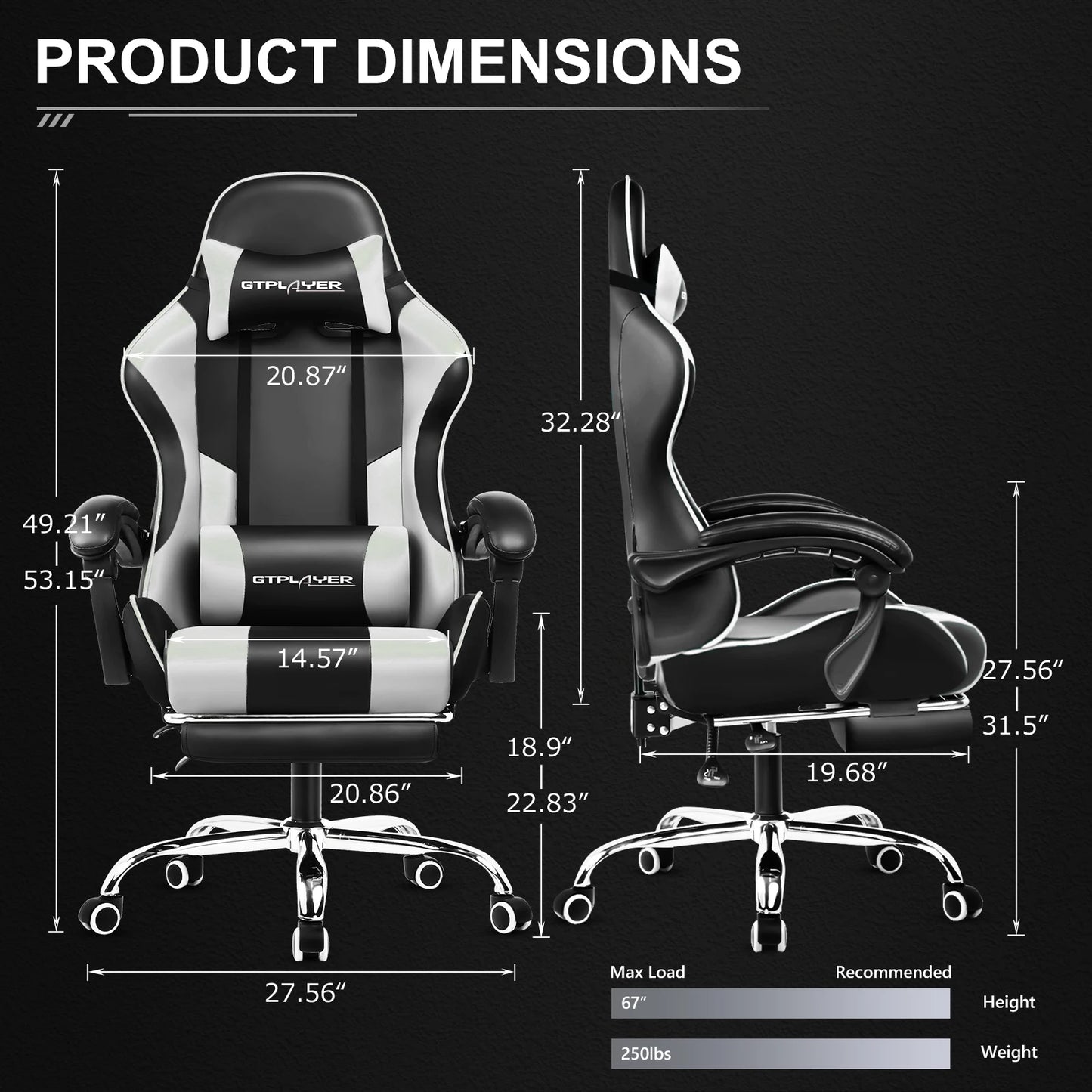 Gaming Chair with Footrest, Lumbar Support, Adjustable Height