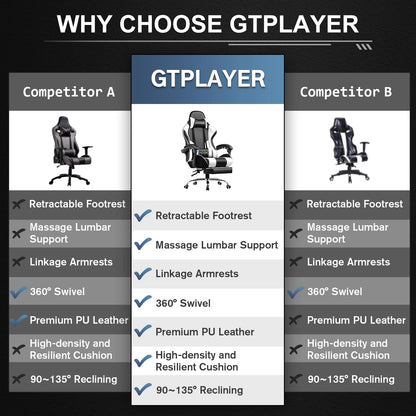 Gaming Chair with Footrest, Lumbar Support, Adjustable Height