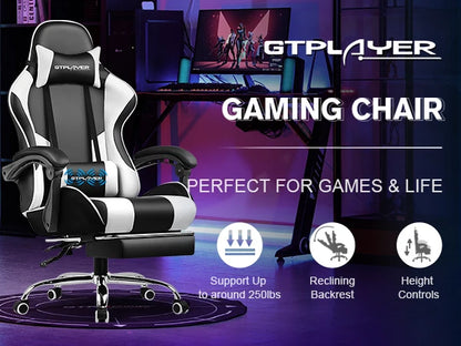 Gaming Chair with Footrest, Lumbar Support, Adjustable Height
