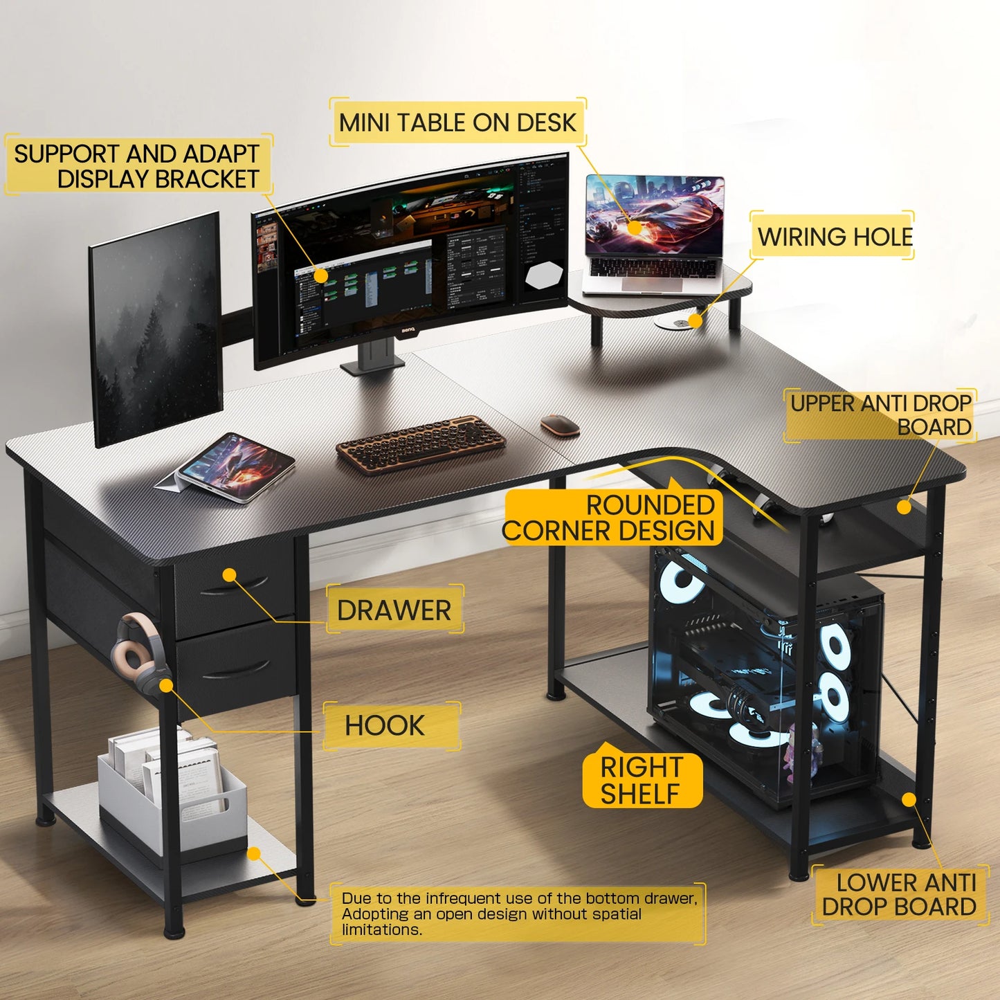 Carbon Fiber Computer Desk with Monitor Arm, Gaming Desk