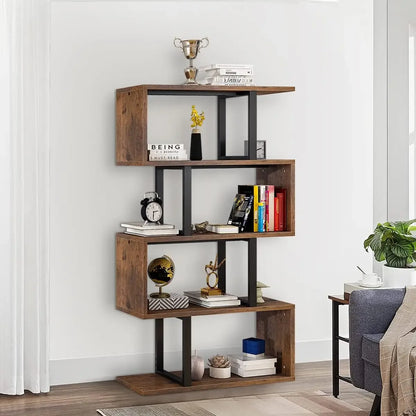 5 Tiers Bookshelf, Modern S-Shaped Z-Shelf Style