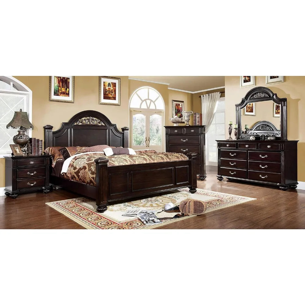 Traditional Solid Wood Bedroom Set with Chest, Mirrored-Dresser and 2 Nightstands.