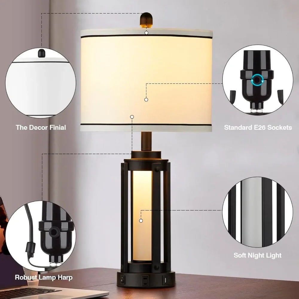 Customizable-25" Modern Table Lamps Set Of 2, Industrial Beside Lamps With USB A+C Charging Ports & AC Outlet, Nightstand Lamp W