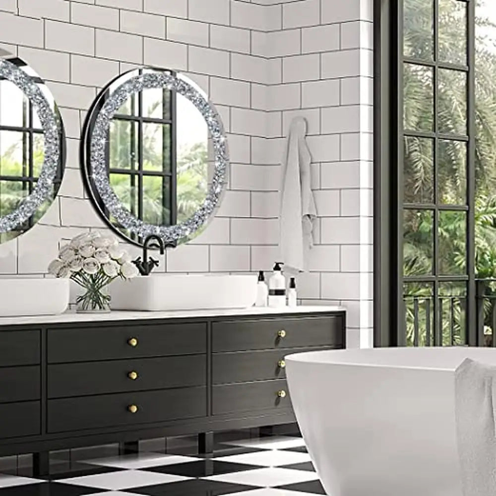 Diamond Round Silver Mirror Wall Decoration 20x20x1 inch Frameless