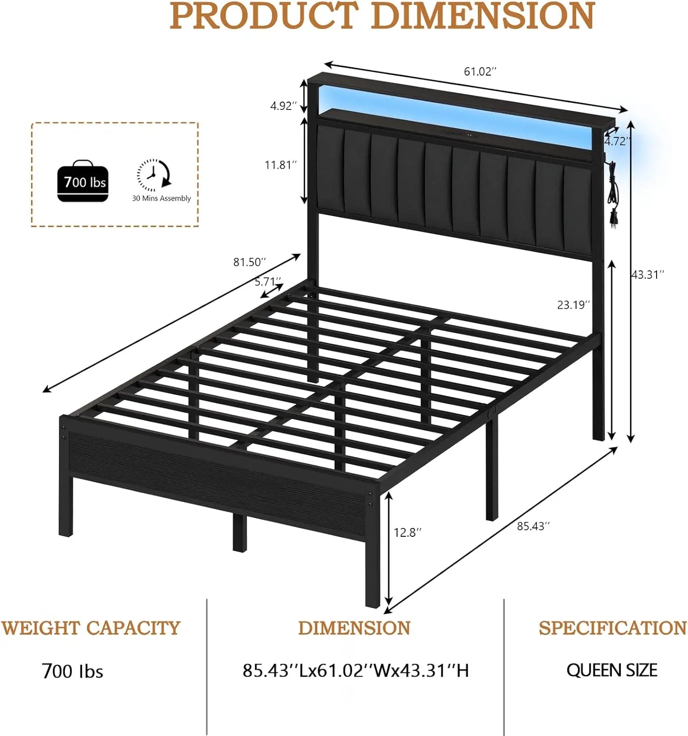 Platform Bed with Metal Slats, Grey Upholstered Headboard