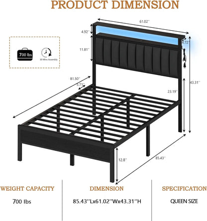 Platform Bed with Metal Slats, Grey Upholstered Headboard