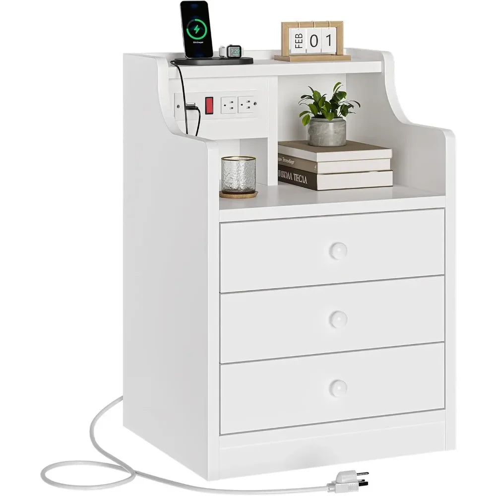 White Night Stand with Hutch,Bedside Table