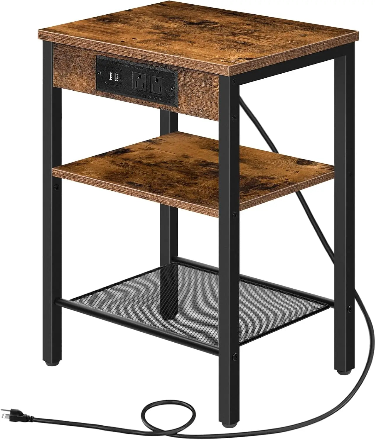 End Table with 3-Tier Nightstand with Adjustable Shelves, Charging Station