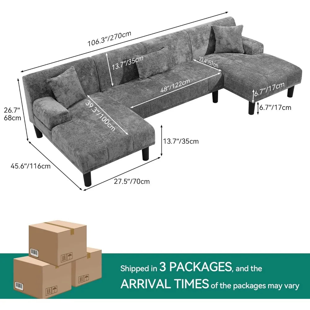 Sectional Couches for Living Room, U Shaped Sofa Chenille Modern Couch with USB & Type C Charging Ports Double Chaise and