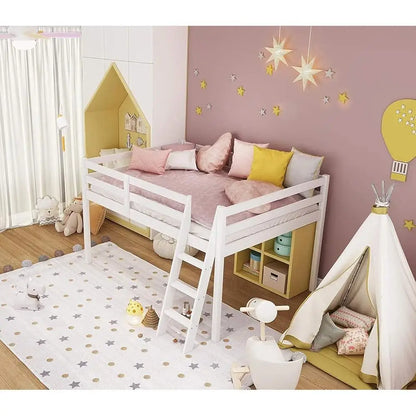 Low Loft Bed with Stairs Solid Pine Wood Full Size Space