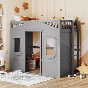 Twin Kids Playhouse Bed, Solid Wood Loft