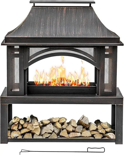 Large Outdoor Wood-Burning Fireplace with Storage