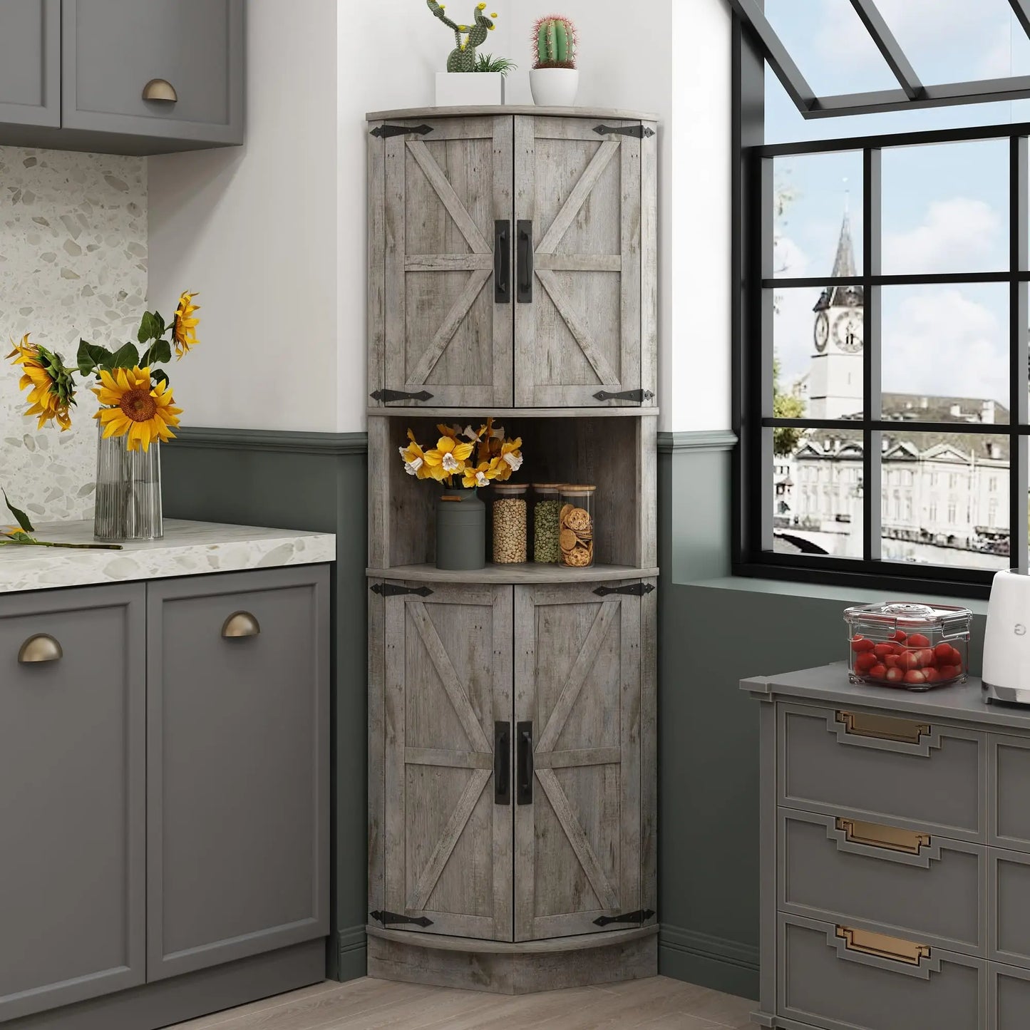 Vabches 64.8" Tall Corner Cabinet Farmhouse Storage Cabinet with Barn Doors&5 Storage Shelves Corner Storage Cabinet Living Room