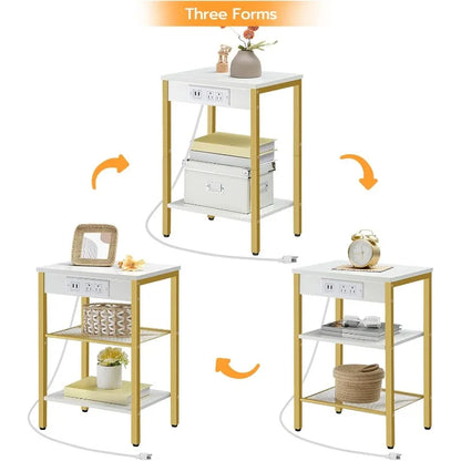 End Table with 3-Tier Nightstand with Adjustable Shelves, Charging Station