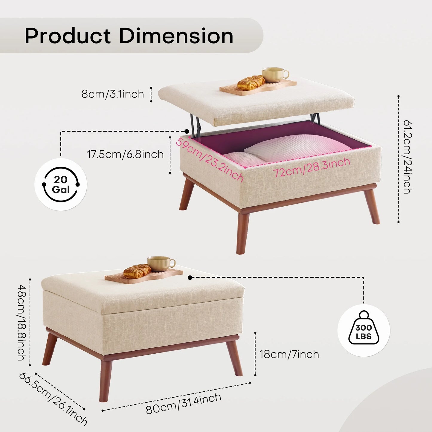 31.4 inch Lift Top Large Coffee Table with High-density Foam Wood