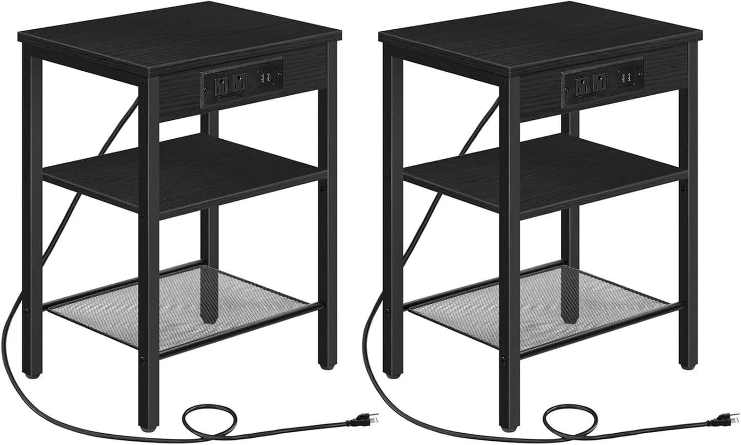 End Table with 3-Tier Nightstand with Adjustable Shelves, Charging Station