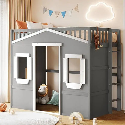 Twin Kids Playhouse Bed, Solid Wood Loft
