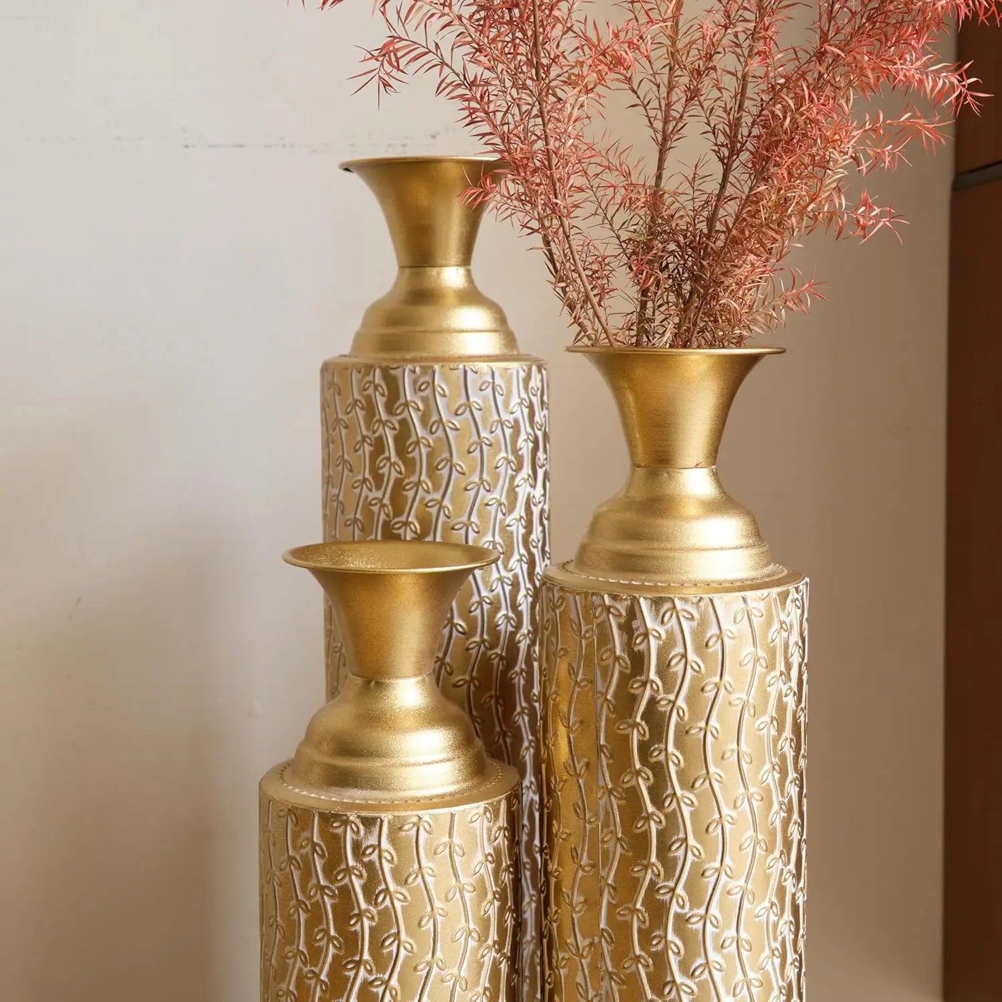 Set of 3, Metallic Centerpiece Decorative Vases with Twigs Dried Flowers