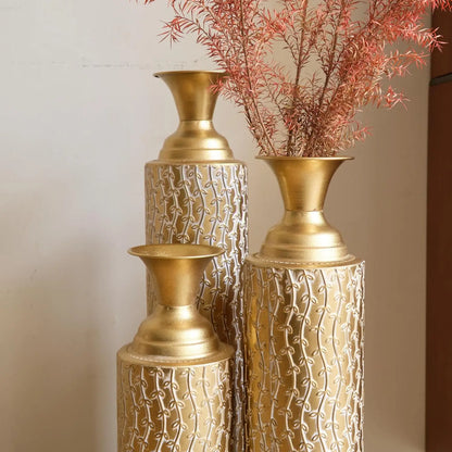 Set of 3, Metallic Centerpiece Decorative Vases with Twigs Dried Flowers