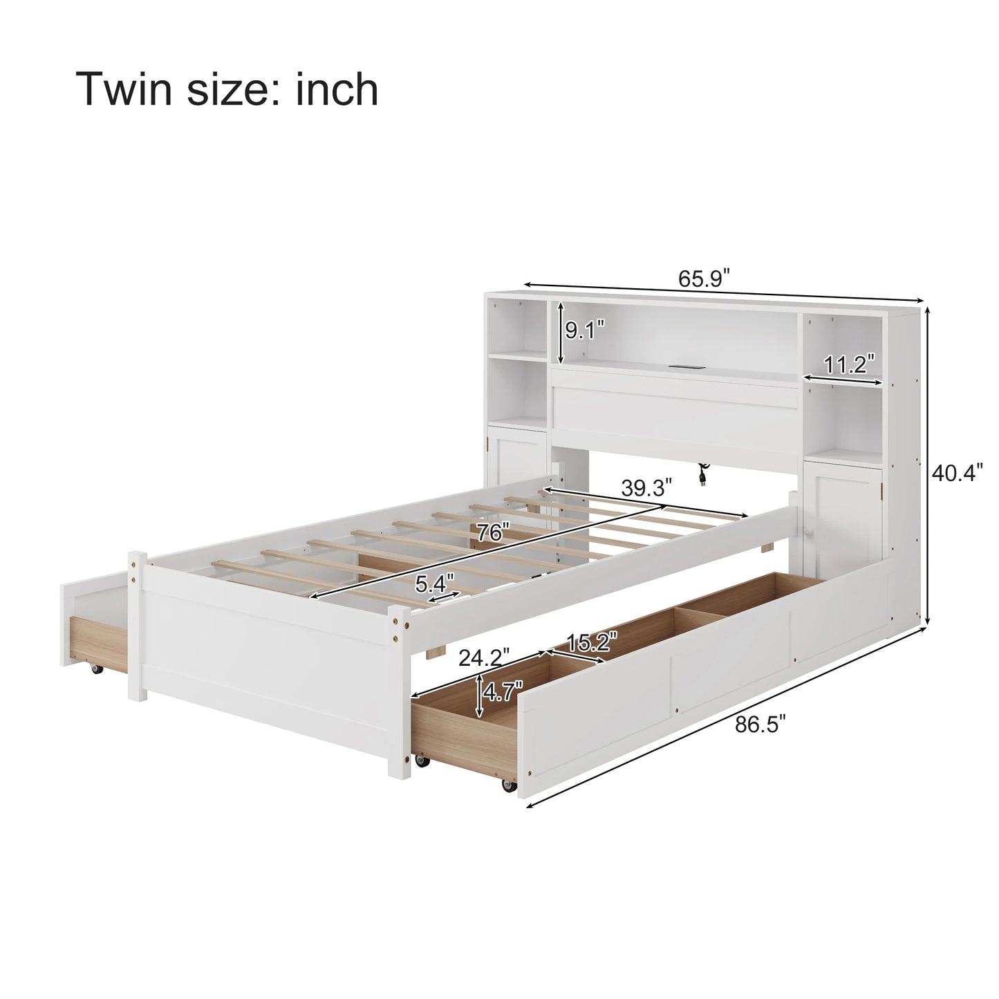 Tall Extended Bookcase Headboard, 6 Drawers and Charging Station