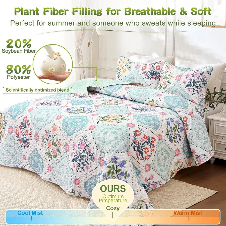 King Size Floral Quilt Bedding Set 3 Piece Lightweight Soft Breathable Bedspreads
