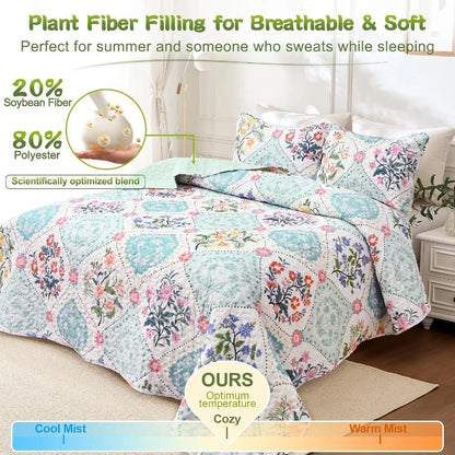 King Size Floral Quilt Bedding Set 3 Piece Lightweight Soft Breathable Bedspreads