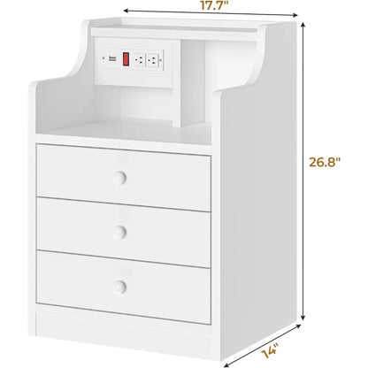 White Night Stand with Hutch,Bedside Table