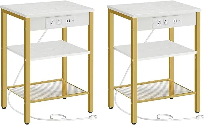 End Table with 3-Tier Nightstand with Adjustable Shelves, Charging Station