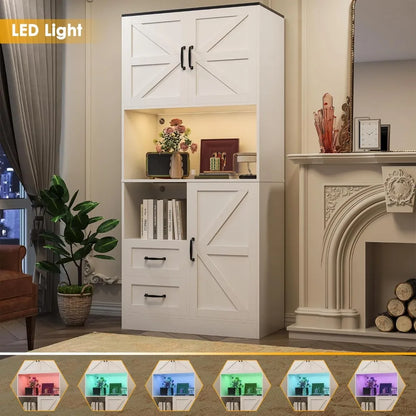 Tall Farmhouse Kitchen Pantry with Barn Doors and Drawers