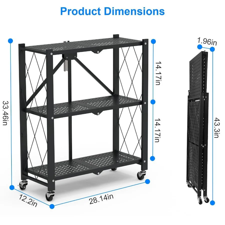 3Tier Foldable Storage Shelf With Lockable Wheels