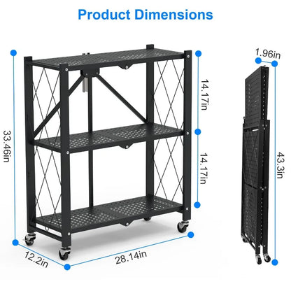 3Tier Foldable Storage Shelf With Lockable Wheels