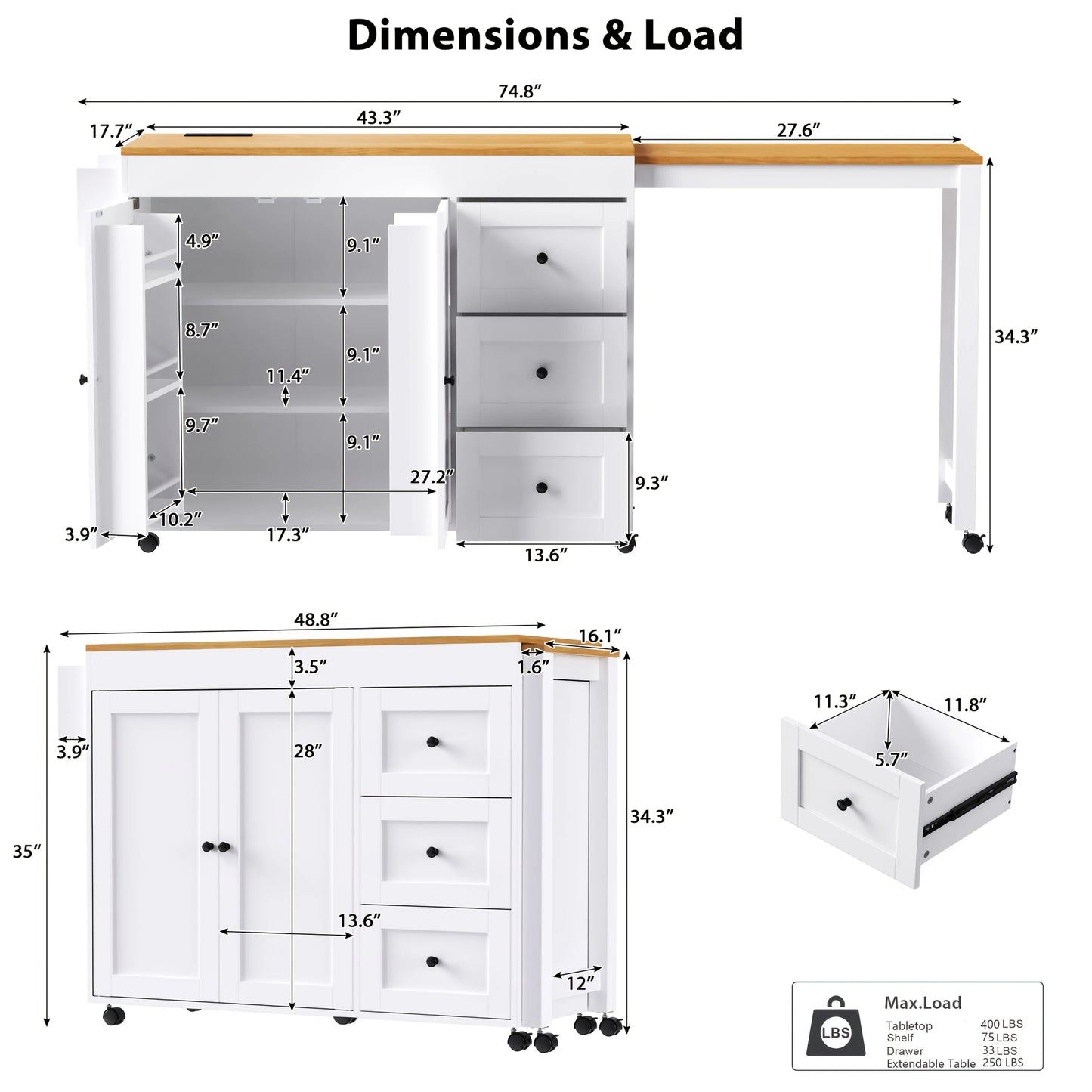 Rolling Kitchen Island On Wheels With Extendable Dining Table