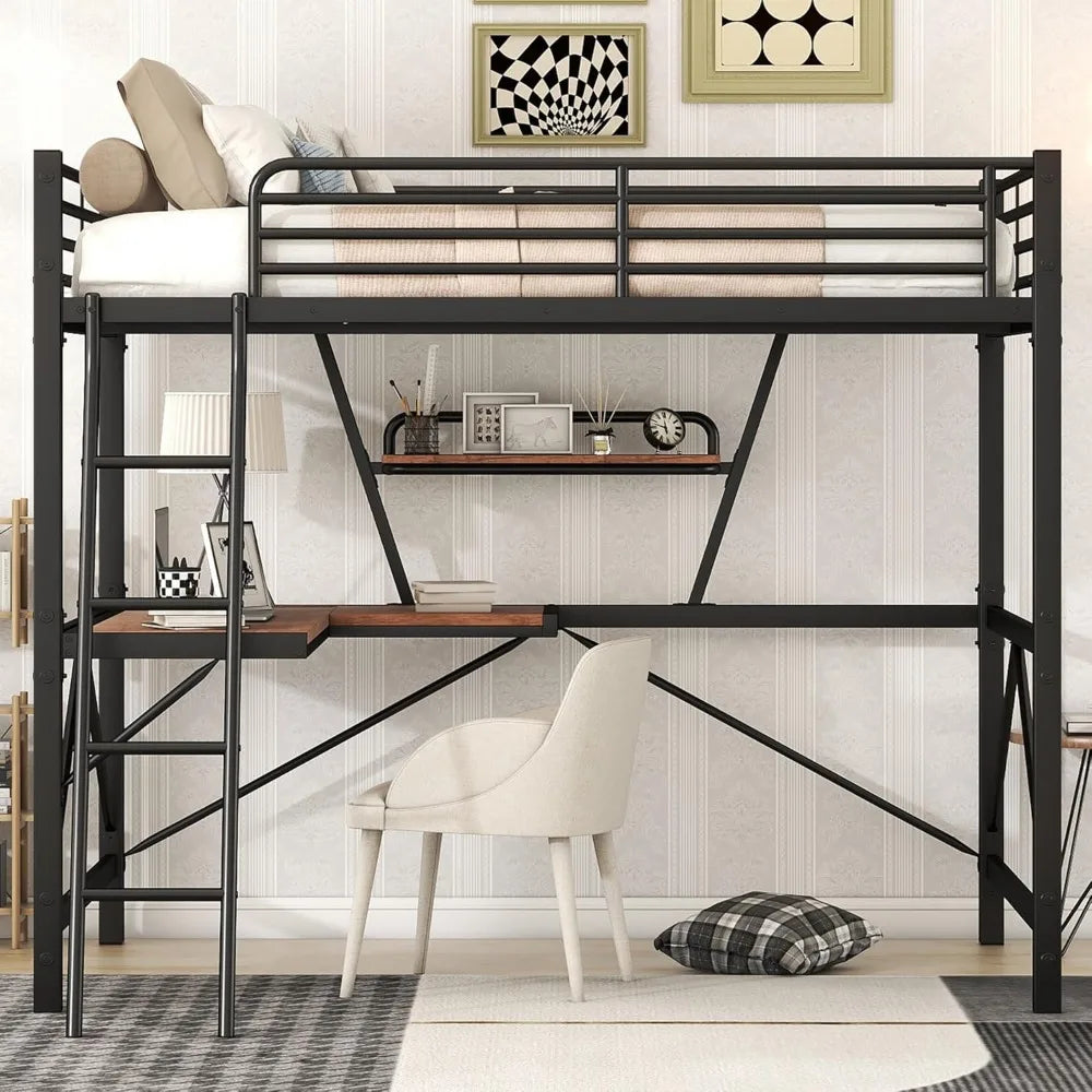 "full-size loft bed with desk, storage shelf, and guardrail for kids and teens"
