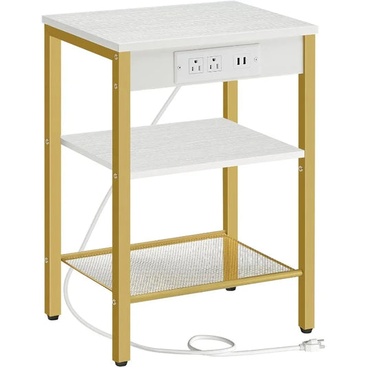 End Table with 3-Tier Nightstand with Adjustable Shelves, Charging Station