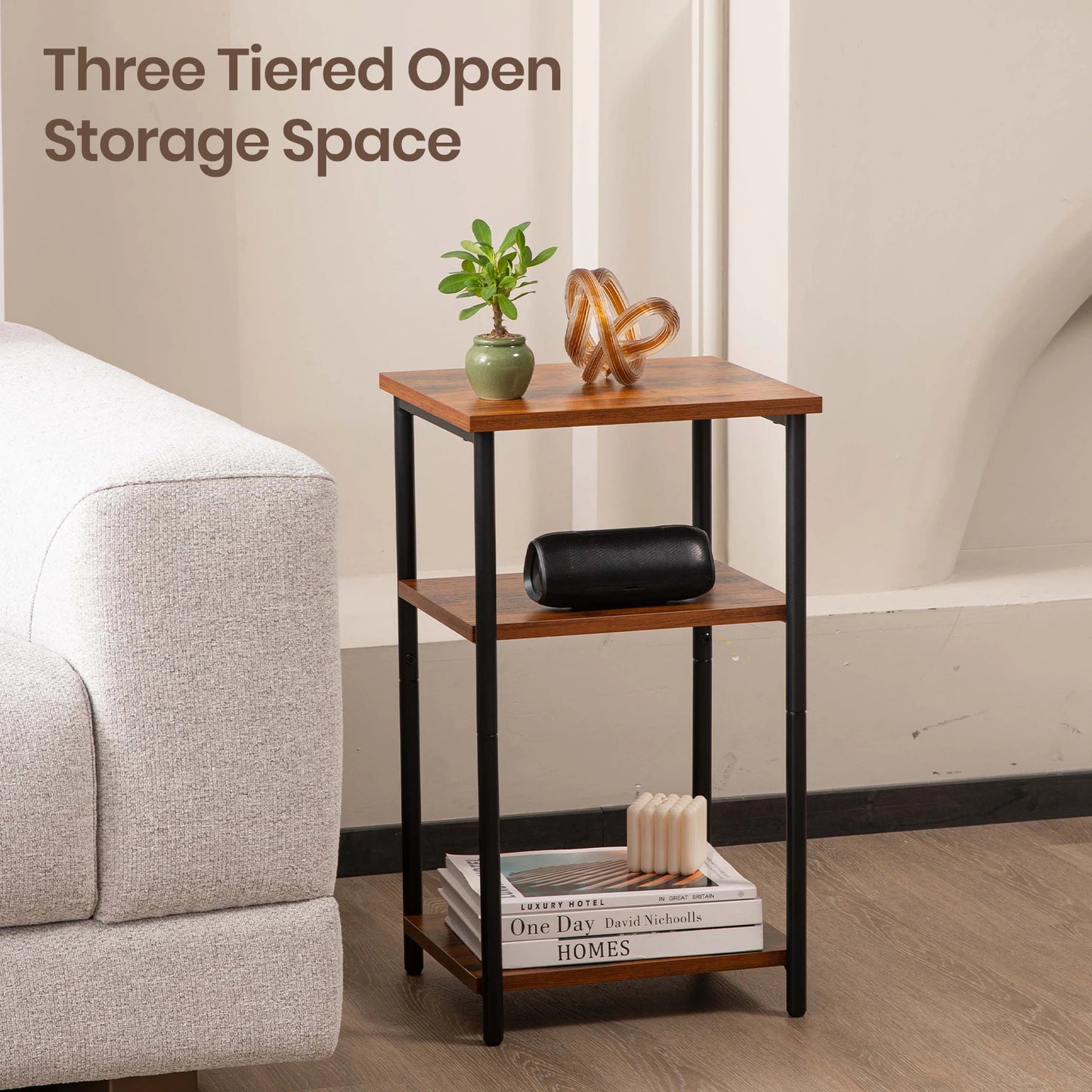 JHK 2/3-Tier End Table Side Tables with Adjustable Feet Small Nightstand Steel Frame Space-Saving for Bedroom Living Room Office