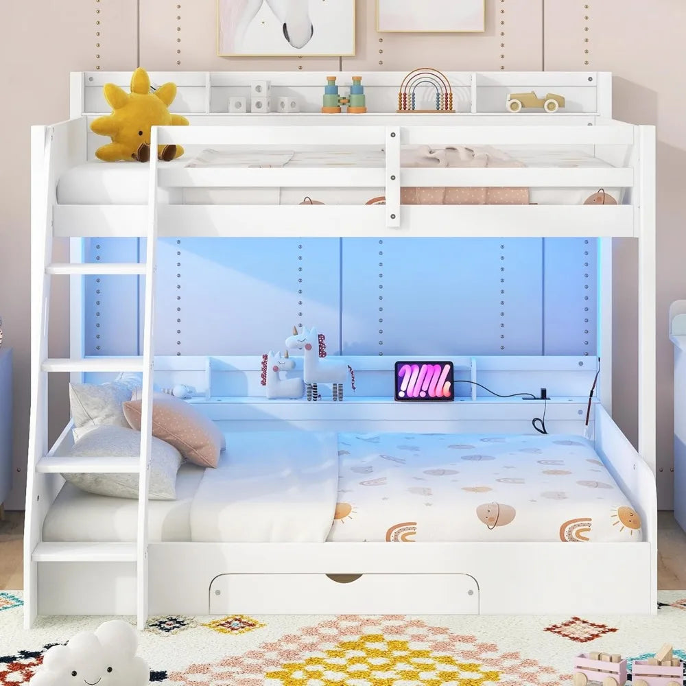 twin over full bunk bed with storage shelves, led, charging station and a drawer, solid wood bunk bed for kids, teens, adults (w