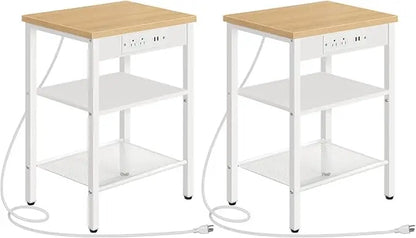 End Table with 3-Tier Nightstand with Adjustable Shelves, Charging Station