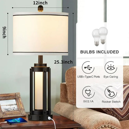 Customizable-25" Modern Table Lamps Set Of 2, Industrial Beside Lamps With USB A+C Charging Ports & AC Outlet, Nightstand Lamp W