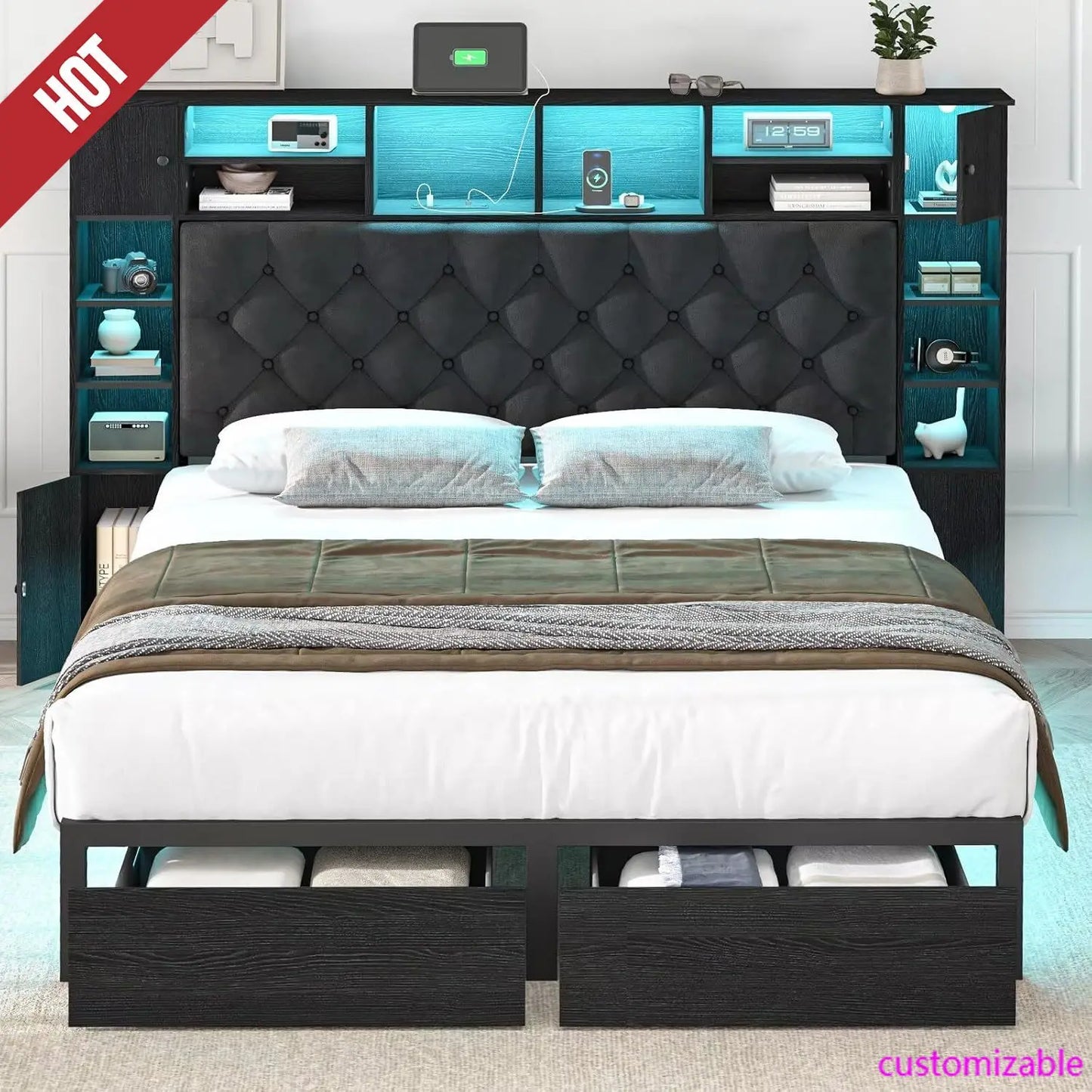 Queen Bed Frame with Bookcase Headboard and Storage Drawers, 51.2"